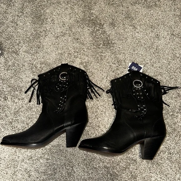 Santa Fe Boot Co Black Rhinestones Fringe Heeled Boots Size 8M - Picture 2 of 10